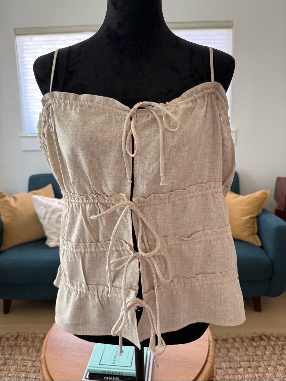 Divided by H&M Linen Blend Tie Front Cami Top Beige Boho Medium